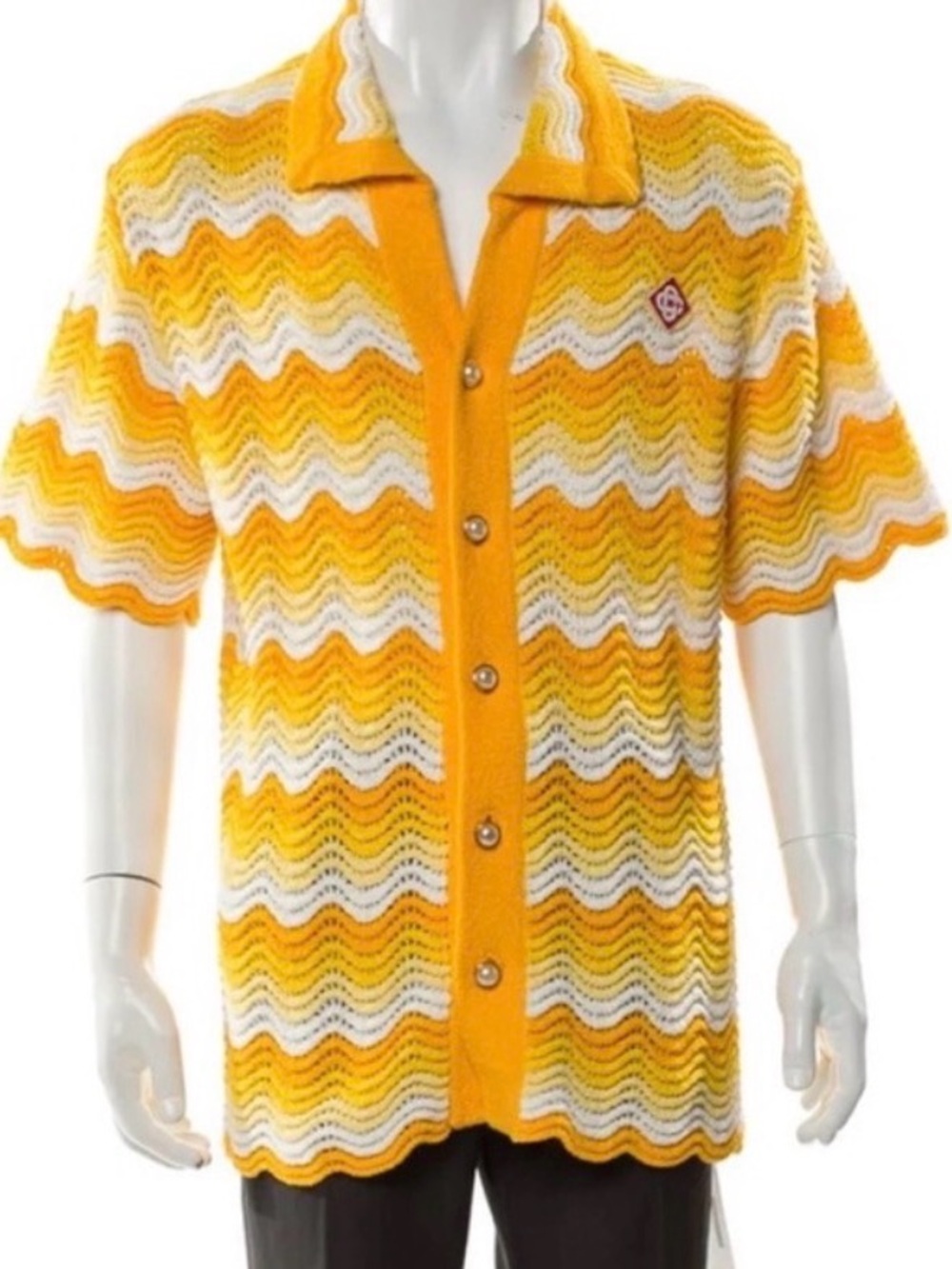 Casablanca Yellow & White Wave Knit Short-Sleeve Shirt sz Medium